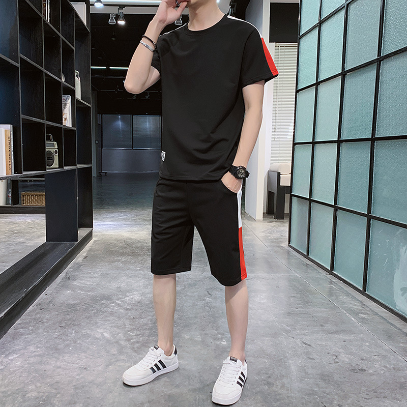 Traje de verano de dos piezas de los hombres ropa deportiva casual micro elástico ropa de correr de color cuello redondo manga corta Camiseta + Pantalones recortados color sólido