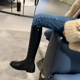 牛皮版粗跟长筒靴女2026新款秋冬高筒切尔西骑士靴子不过膝瘦瘦靴