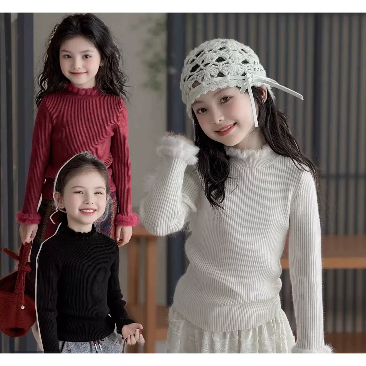 新款儿童一体绒打底加绒加厚毛衣女童洋气木耳边绒边针织衫半高领