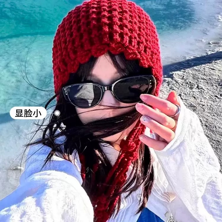 川西旅游红色流苏球针织包头帽女秋冬季国庆出游草原镂空毛线帽子|undefined