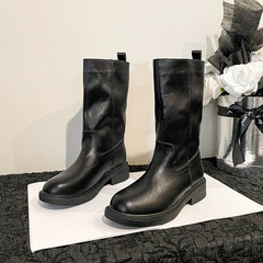 水洗い柔らかい皮 ~ 太さと厚い底の中筒靴の女性の復古風のしわの山の靴の丸い頭の広い筒の柔らかい皮の西部の靴