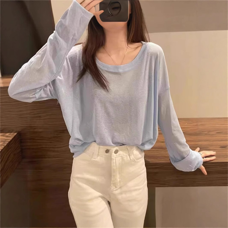 Ice Silk Mask Long-Sleeved T-Shirt Women's Summer Mid-Length Loose Thin Vacation Sun Protection Blouse Large Neckline Top
