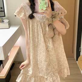 温柔甜美纯棉法式睡裙复古荷叶边蕾丝碎花小飞袖少女家居裙睡衣