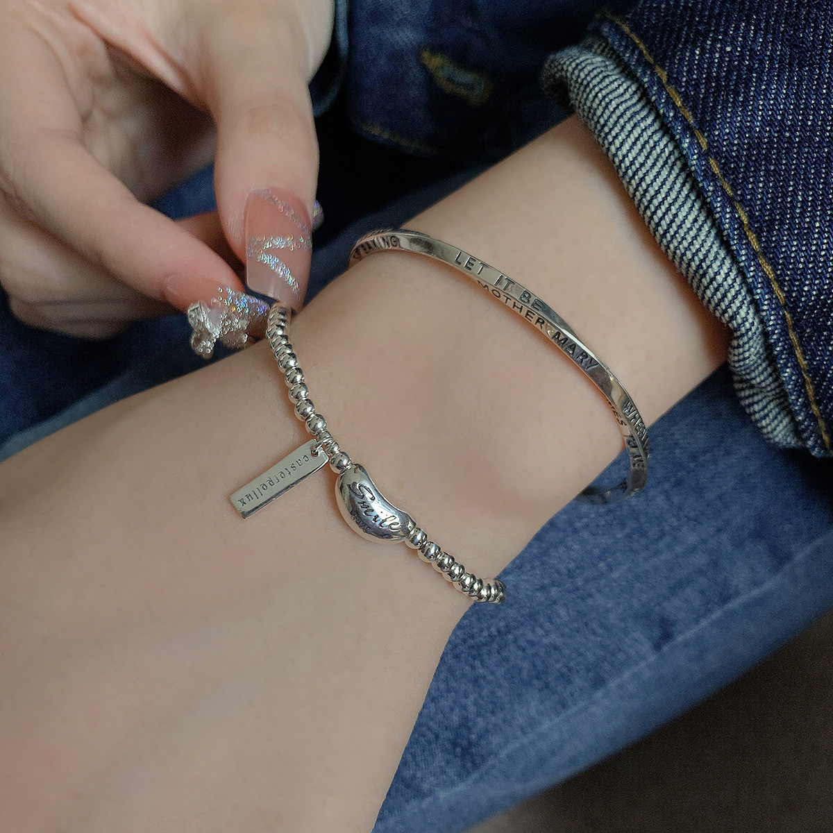 S Pure Silver Smile Pea Hanglabel Dames Handwerk Armband Koud Eenvoudig Koreaans Ontwerp Gevoel Klein en Uniek_voghion.com