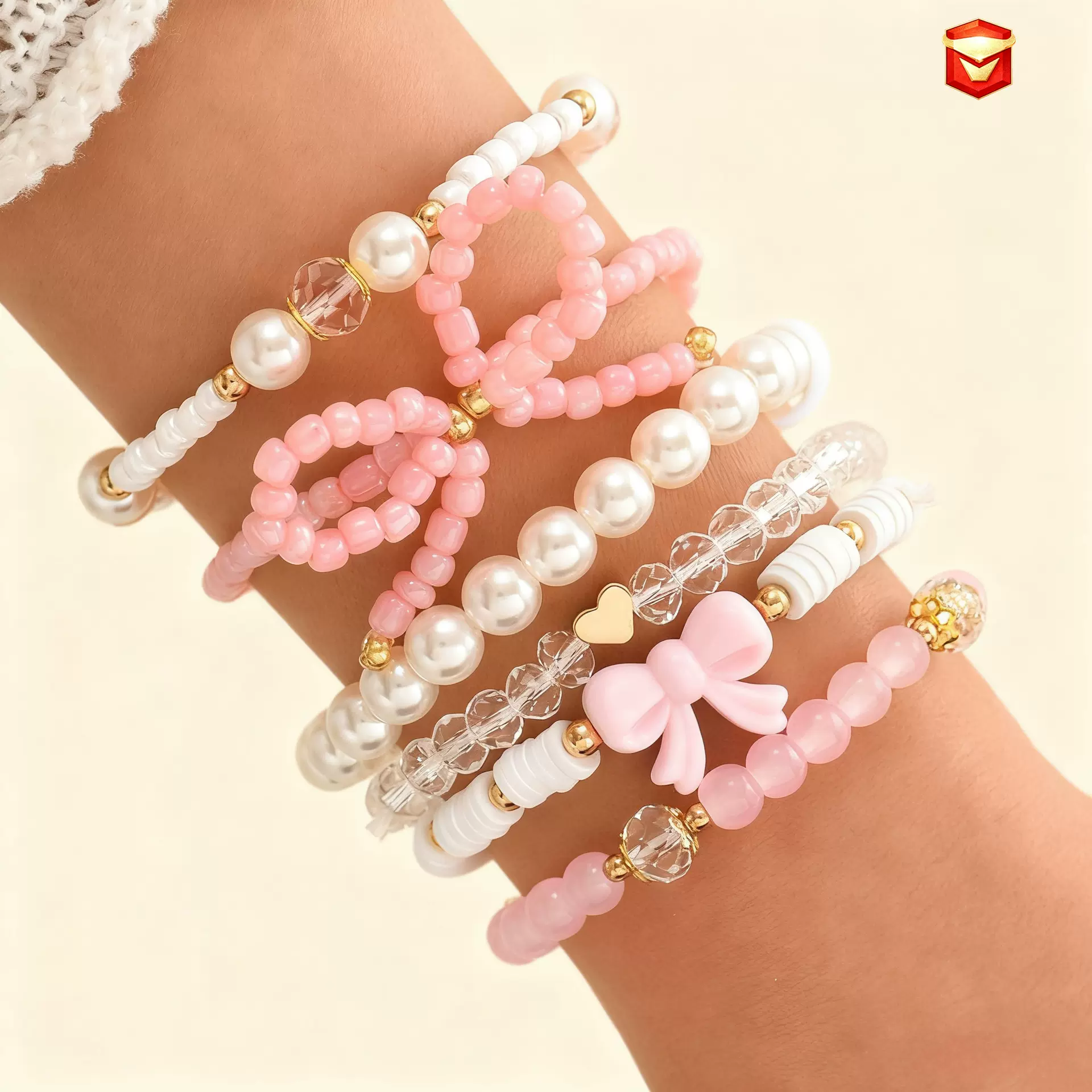 欧美跨境新款甜美粉色少女系爱心蝴蝶结珍珠串珠女叠戴手链套装