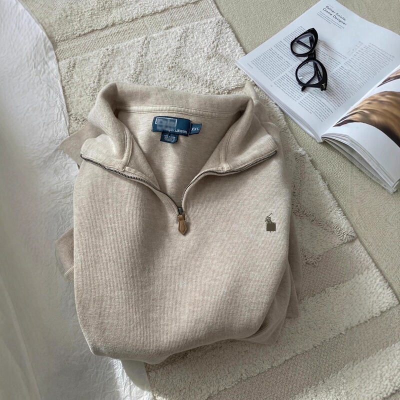 Ralph Lauren Jacket with Pony Logo, Half-Zip Pullover, High-Neck, Long-Sleeve Sweatshirt, New Autumn Model, Men's Solid Color Sweatshirt