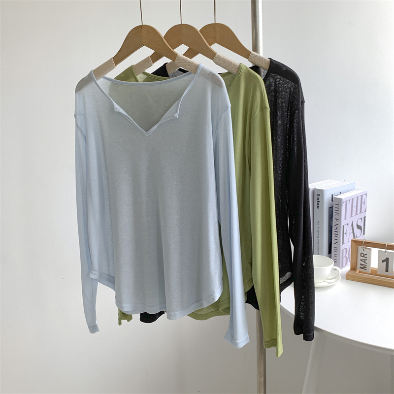 V-Neck Long-Sleeved Sun-Protective Clothes Women's Lazy Style Dancing Clothes Yoga Loose Casual Practice Clothes Top Perspective Blouse Women