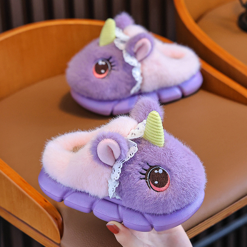 Unicornio zapatillas de algodón para niños de invierno para niñas con peluche cálido en el hogar zapatillas de peluche de interior para niños pequeños