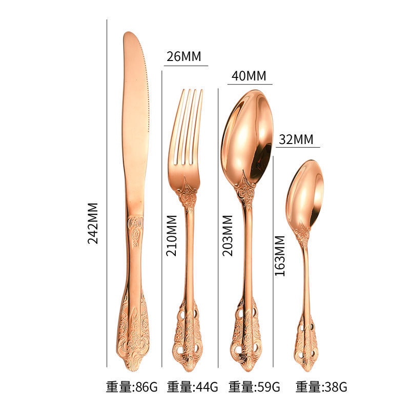 Vajilla de acero inoxidable de Amazon en relieve Royal Court 4 porciones hotel bistec cuchillo tenedor cuchara juego de regalo de 24 piezas