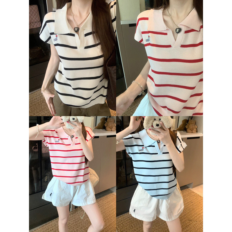 グレーポロカラーアイスシルクニット右肩半袖Tシャツ女性用2025初夏着用小さなフライングスリーブデザイントップ|undefined