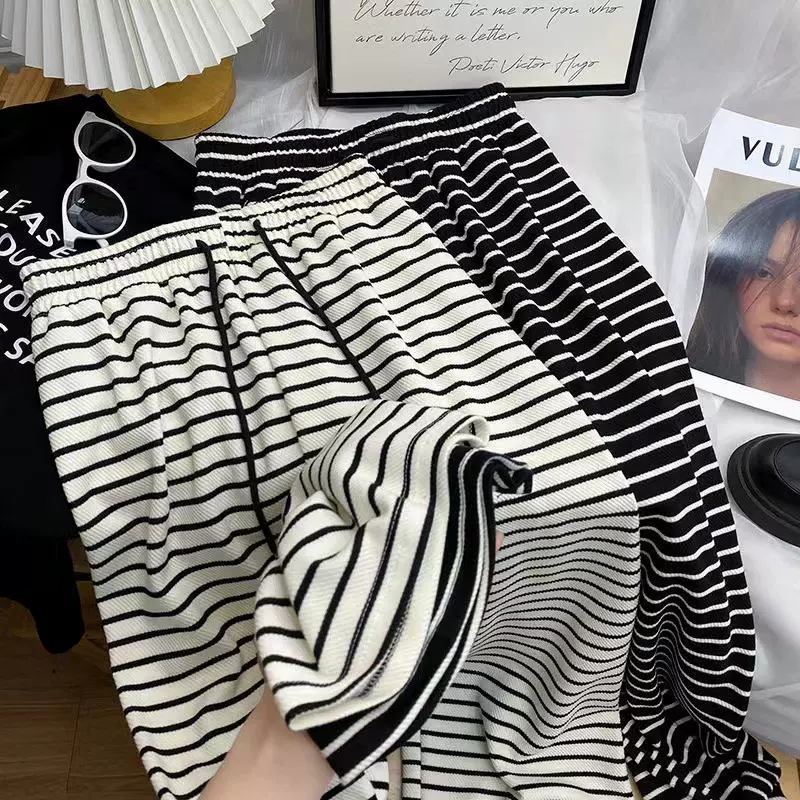 窄版条纹毛巾阔腿裤女2025新款高腰垂感显瘦小个子休闲拖地长裤子
