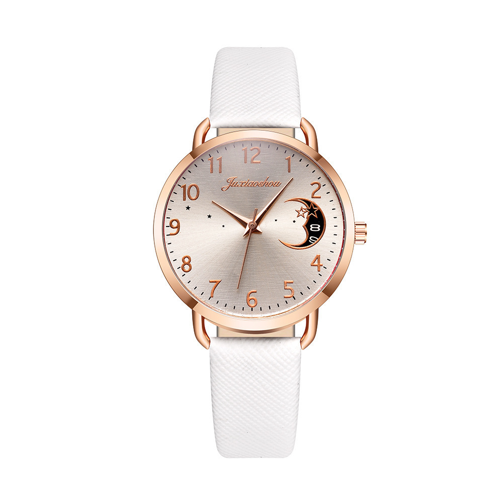 new hot women's personality quartz watch set Pu with moon pattern dial with calendar_voghion.com