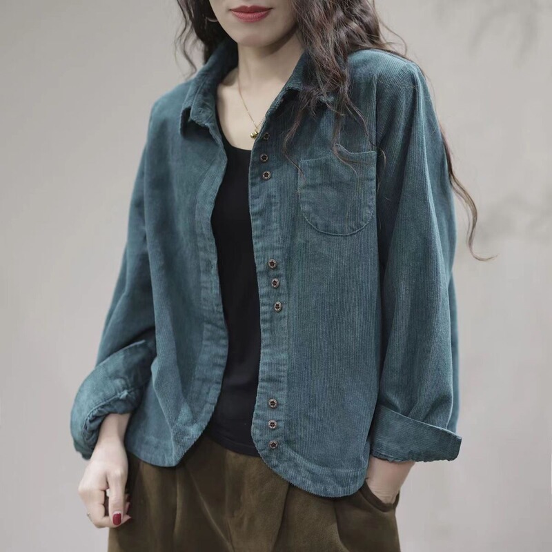 2026 Spring and Autumn New Fashionable Casual Long-Sleeve Corduroy Women's Shirt with Turn-down Collar, Blue