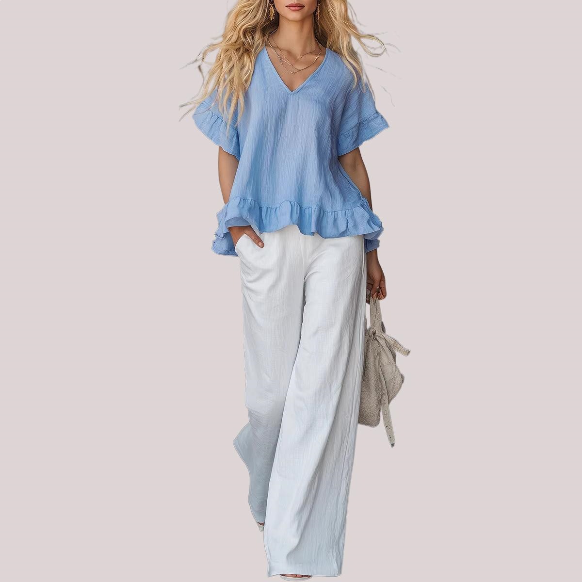 2026 European and American Cross-Border Spring and Summer New Style Elegant Ruffled V-Neck Shirt Fashionable Casual Short-Sleeved Top for Women