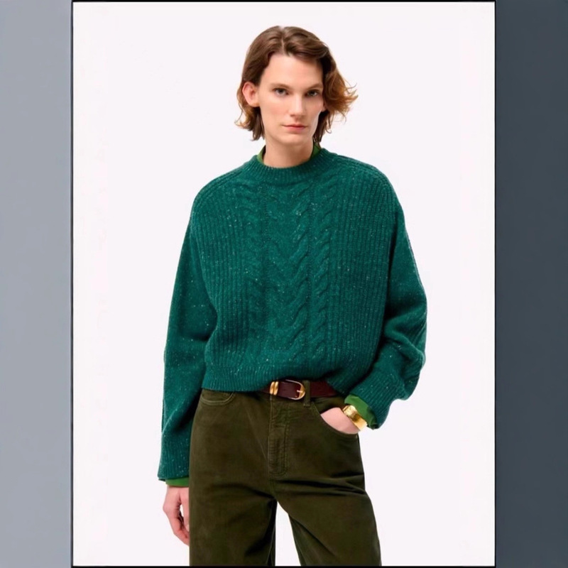 French Accessible Luxury Vb Original Single Color Dot Yarn Sweater Sheep Wool Alpaca Wool Blended Twisted Loose Round Neck Wool Sweater