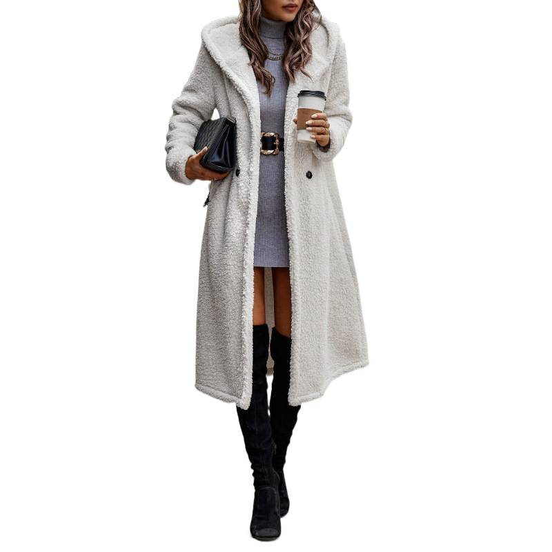 Autumn And Winter Fashion Long Solid-Color Long-Sleeved Plush Hooded Jacket Women's Coat Windbreaker Top_ecoleips.com
