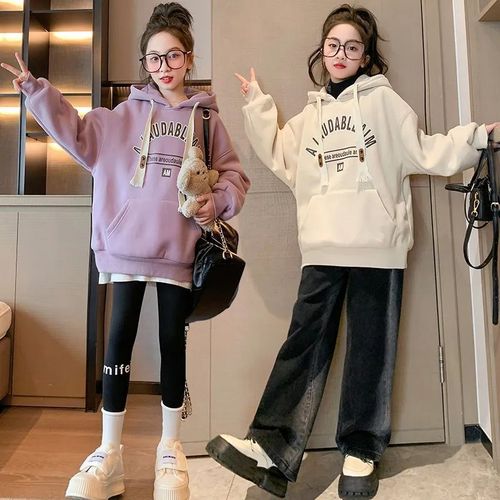 Women's Kids Korean Style Hooded Sweatshirt for Big Kids Autumn/Winter Season Trendy Fleece Lined Thick Stylish Hooded Warm Top  New
