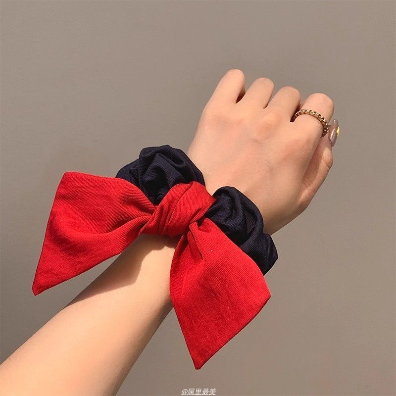 韩系红色蝴蝶结牛仔大肠发圈女高级感丸子头发饰扎头发百搭头绳潮|undefined