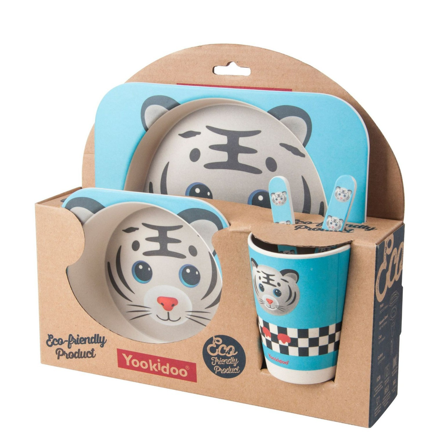 Vajilla infantil genuina Yookidoo, juego de cinco piezas de fibra de bambú para bebés, palillos, cuchara, tenedor, plato, taza, juego de alimentación combinado