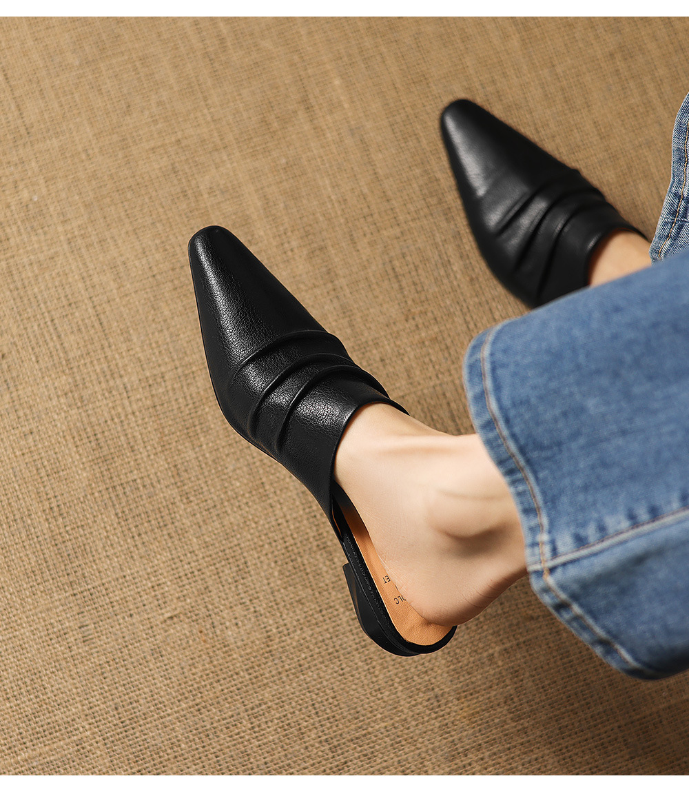 Dép sandal nữ bít mũi quai chữ V đế thấp da bò mùa xuân hè — đen chi tiết 6