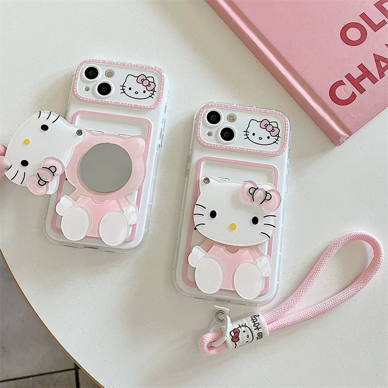 Чехол для телефона Hello Kitty, совместим с iPhone 11–16, встроенное зеркальце, с ремешком/без