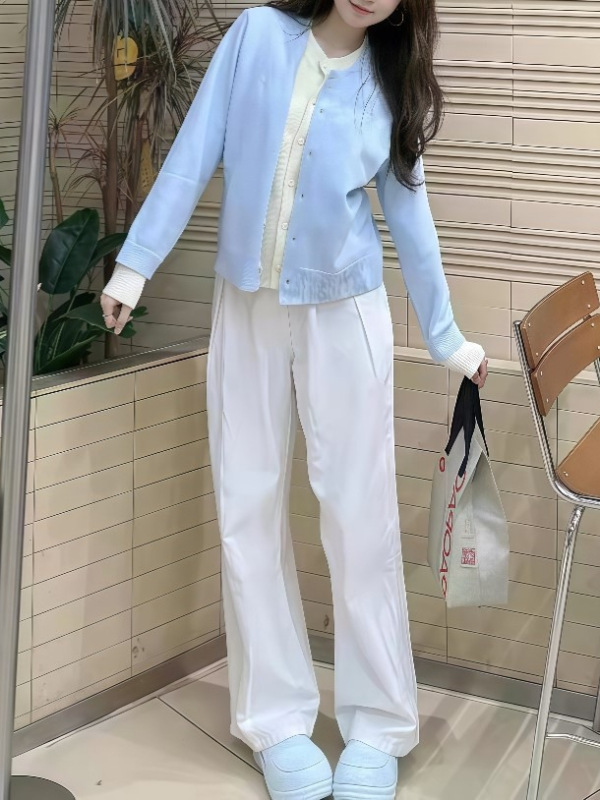 秋季小个子茶系穿搭假两件针织开衫牛仔阔腿裤时尚设计感两件套装|undefined
