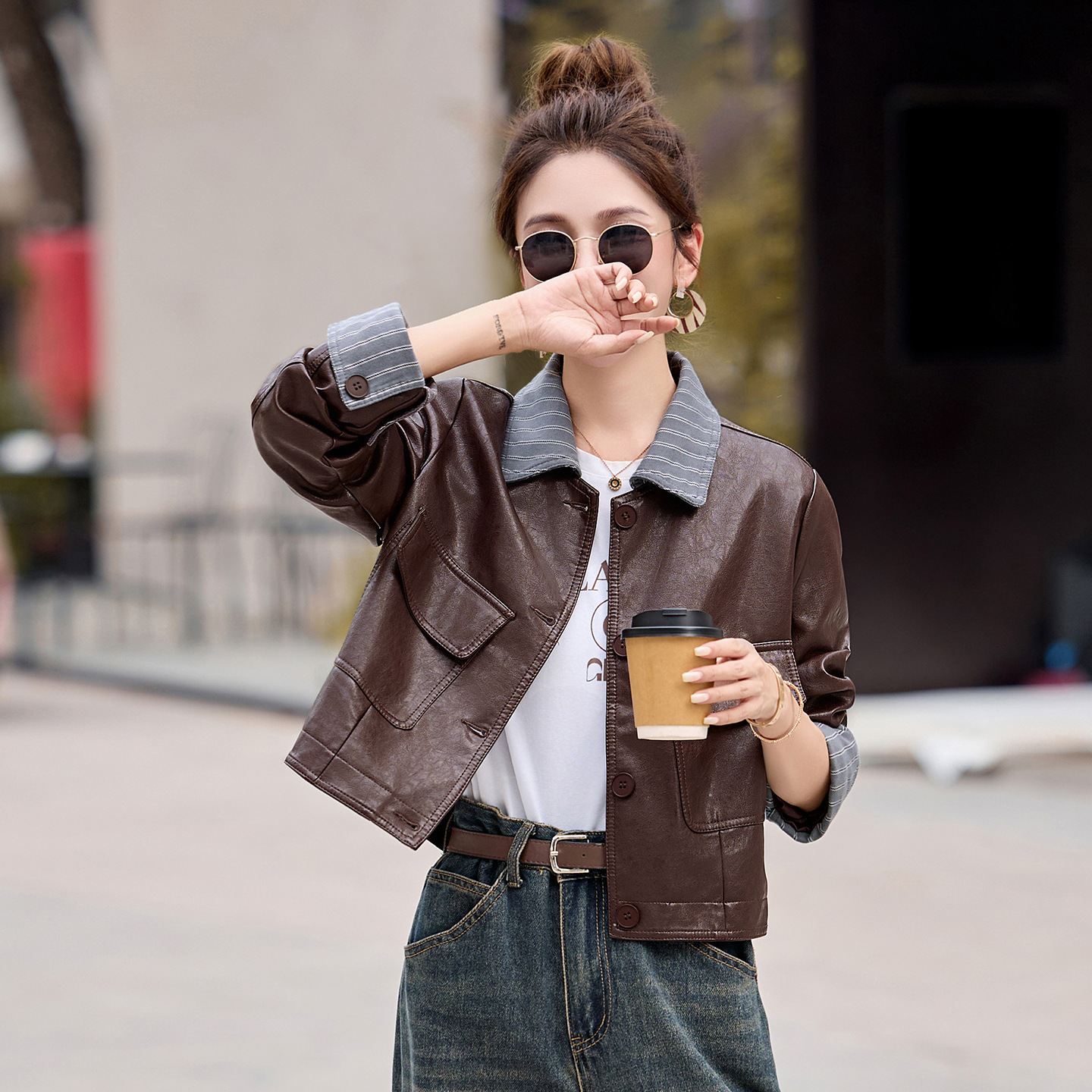 Women's Leather Jacket Autumn Versatile New Slim Fashion Biker Leather Jacket Stylish Petite Wa2528