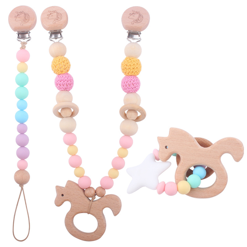 Nuevo bebé suministros de dibujos animados animal patrón Haya clip calmante bebé chupete cadena coche colgando mordedor conjunto de tres piezas