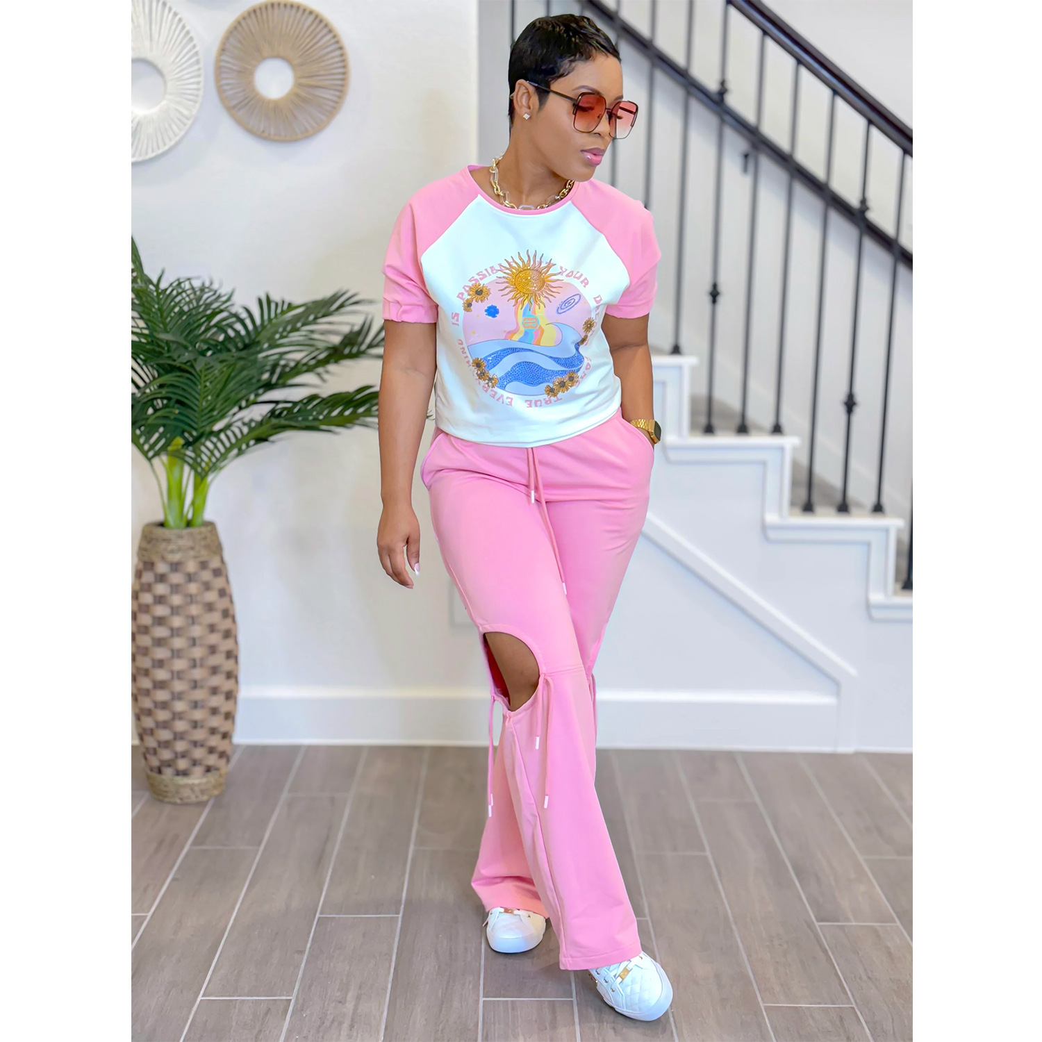 C6998 Aliexpress transfronterizo Amazon estación independiente de moda europea y americana impresión multicolor de ropa de mujer manga corta pantalón largo conjunto