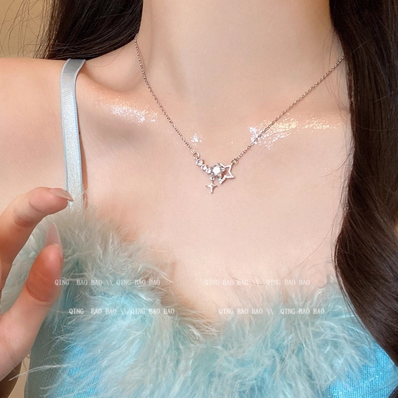 Korean Style Super Shiny Full Zircon Star Necklace for Women, Light Luxury Niche High-End Clavicle Chain Accessory, Elegant Choker Sweater Chain