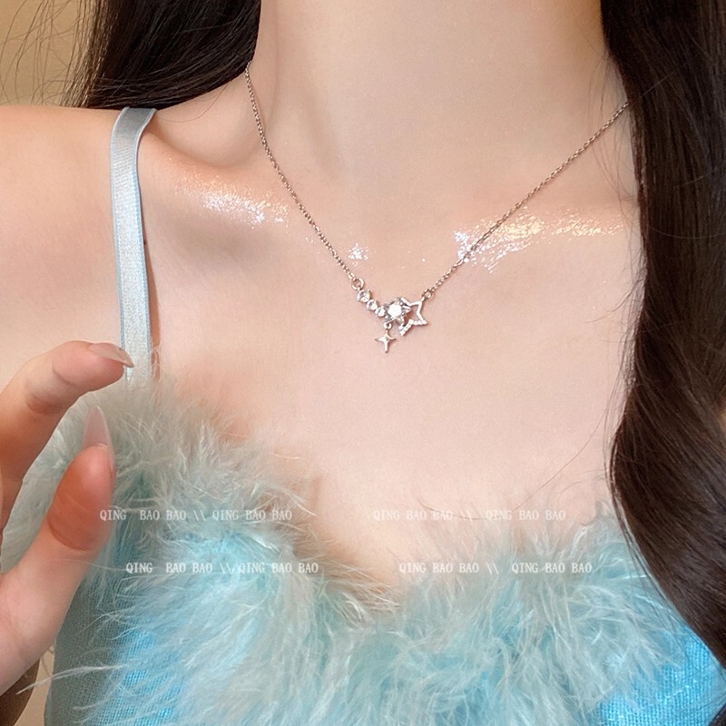 Korean Style Super Shiny Full Zircon Star Necklace for Women, Light Luxury Niche High-End Clavicle Chain Accessory, Elegant Choker Sweater Chain