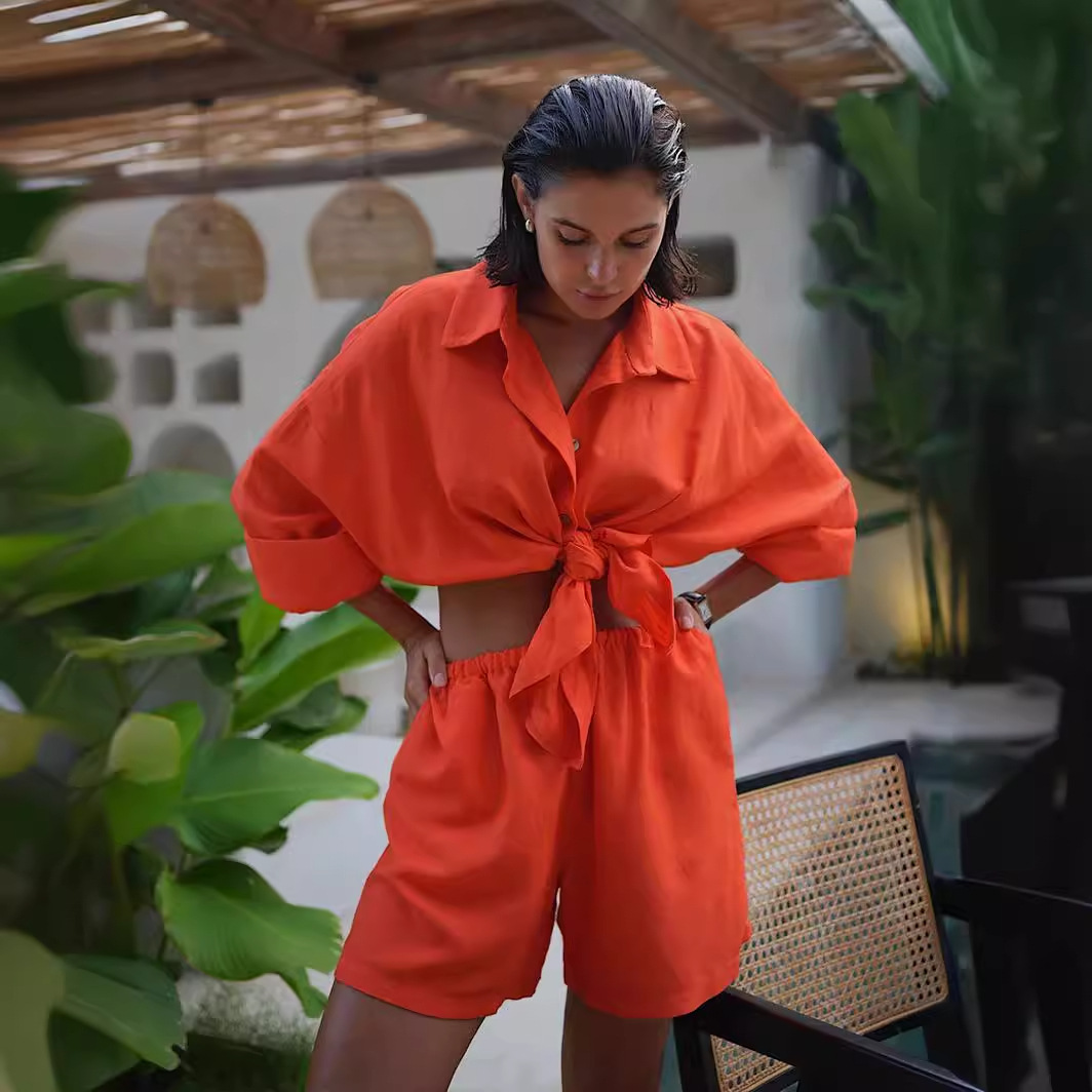 Cross-Border European And American 2025 Summer New Women Vacation Casual Loose Long Sleeve Shirt + Shorts Set_ecoleips.com
