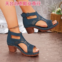 跨境外贸欧美时尚现货女时装高跟凉鞋纯色激光粗跟后拉链女高跟鞋