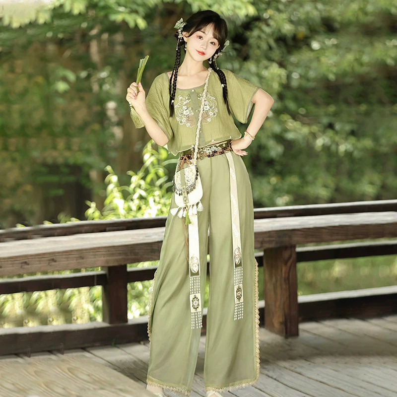 Оригинальный дизайн Yuehua Tour в китайском стиле улучшенный китайский элемент Новый китайский женский короткий рукав топ песни брюки набор 9086