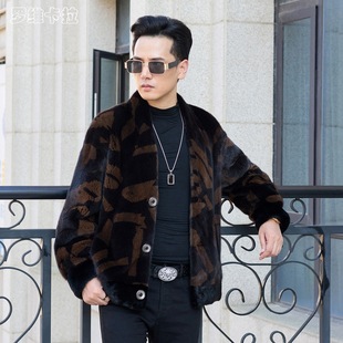 Black Plus Coffee Print V Neck Robe Men's Imported Mink Outwear Whole Mink Fur Outwear Danish Purple Gold
