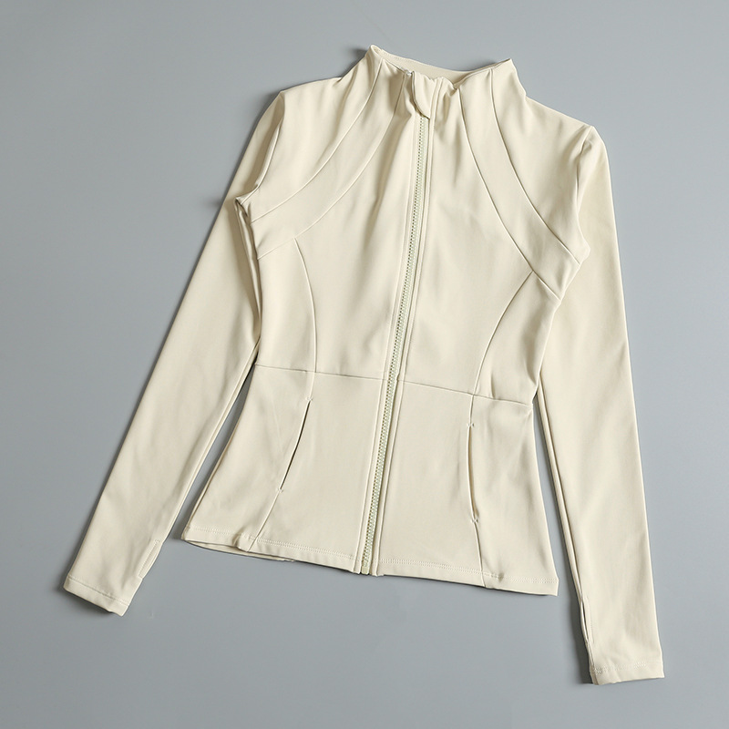 Slim fit sportvest voor dames, lente/herfst, lange mouwen, ritssluiting, opstaande kraag, ademend, geschikt voor fitness, hardlopen en bescherming tegen de zon._voghion.com