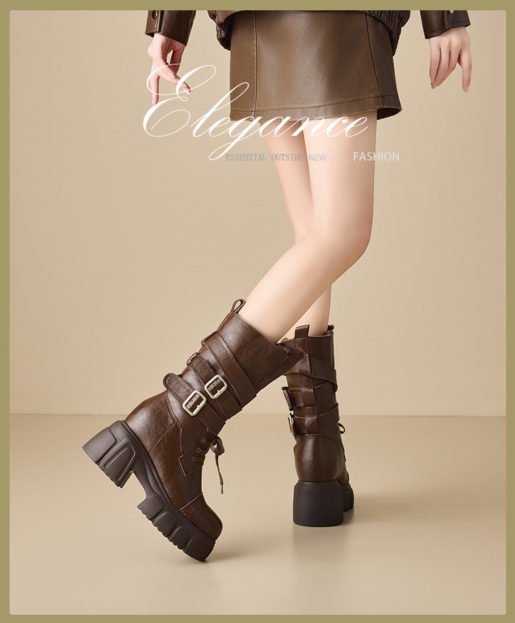Boot cổ trung nữ gót vuông 10cm phong cách biker khóa thắt lưng — nhung nâu chi tiết 1
