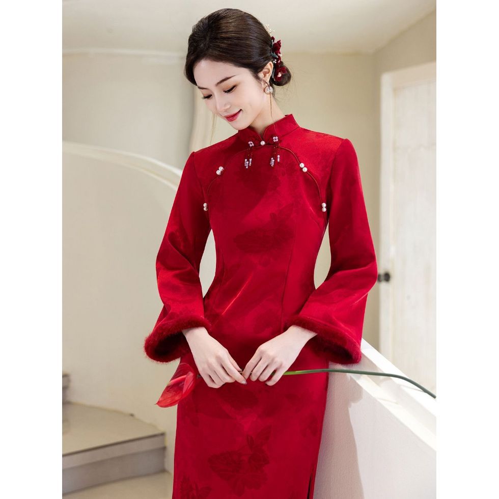 红色旗袍敬酒服冬装新中式冬季加绒加厚倒大袖新娘结婚订婚礼服裙