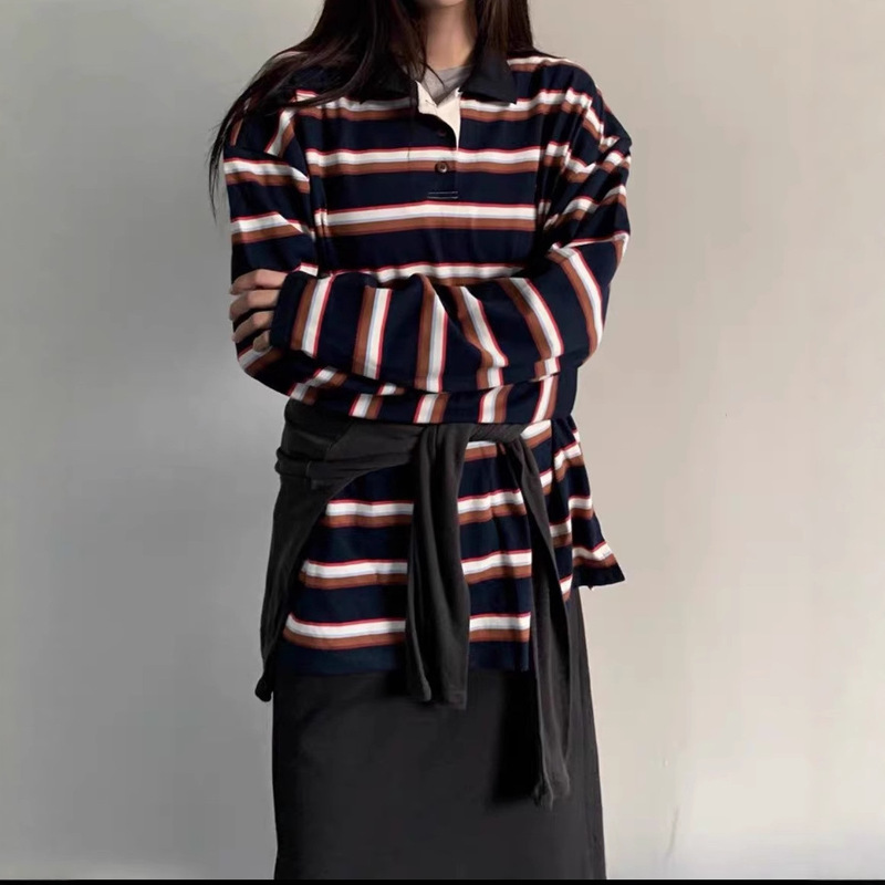 In-Stock 2025 Autumn Korean Dongdaemun Purchasing Rugby Jersey Polo Collar Striped Sweatshirt Loose Top for Women