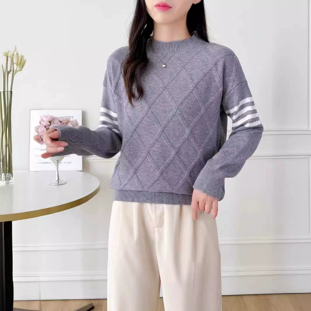 2024 новый маленький ромб корейская версия повседневного трикотажа женский свитер с длинными рукавами в полоску свитер женский блузка с круглым вырезом
