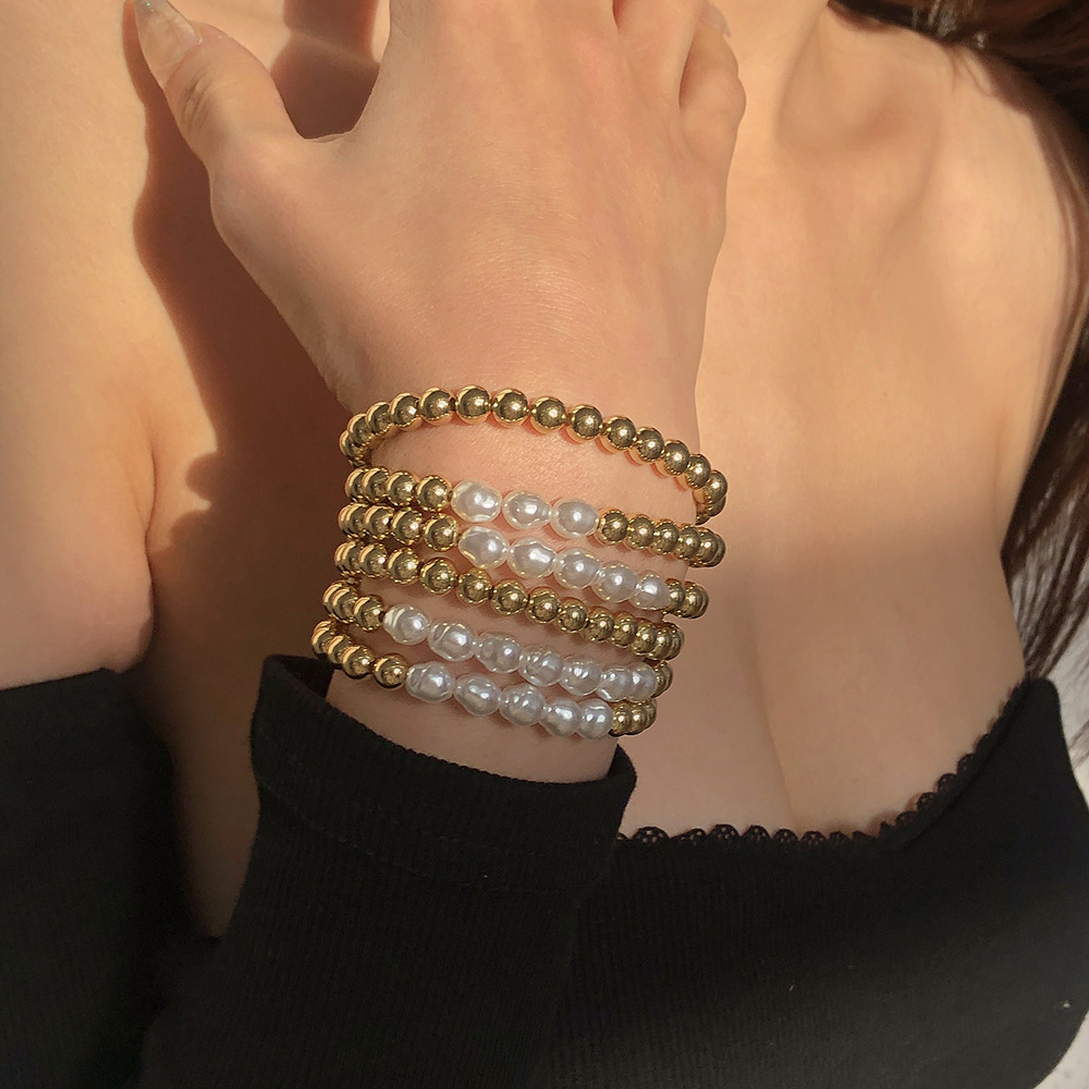 European And American Simple Handmade Beaded Bracelet Geometric Imitation Pearl Elastic Bracelet display picture 2