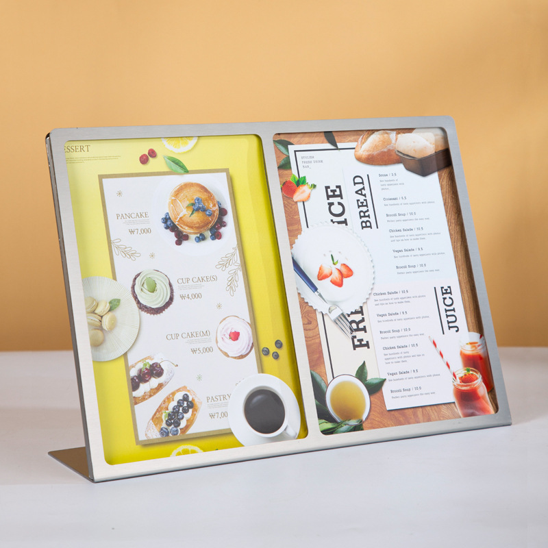 A4 stainless steel double-sided beverage stand with three-tier metal stand sign, acrylic ad sign, price sign