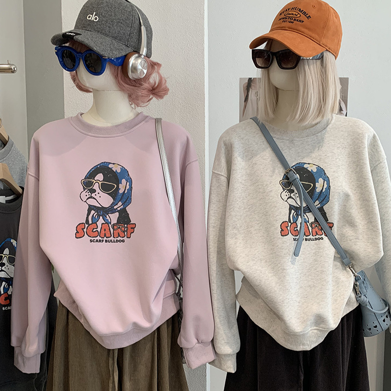 KEKEZOON headscarf French Bulldog puppy print round neck loose long-sleeve pullover sweatshirt Korean style casual women's 9062 KEKEZOON headscarf French Bulldog puppy print round neck loose long-sleeve pullover sweatshirt Korean style casual women's 9062