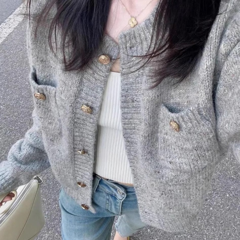 春秋2025新款女针织开衫灰色毛衣短款小个子香风外套外搭上衣|undefined