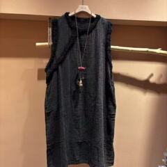 秋季新品 文 艺复古风套头马甲背心 宽松斜纹麻拼接背心裙