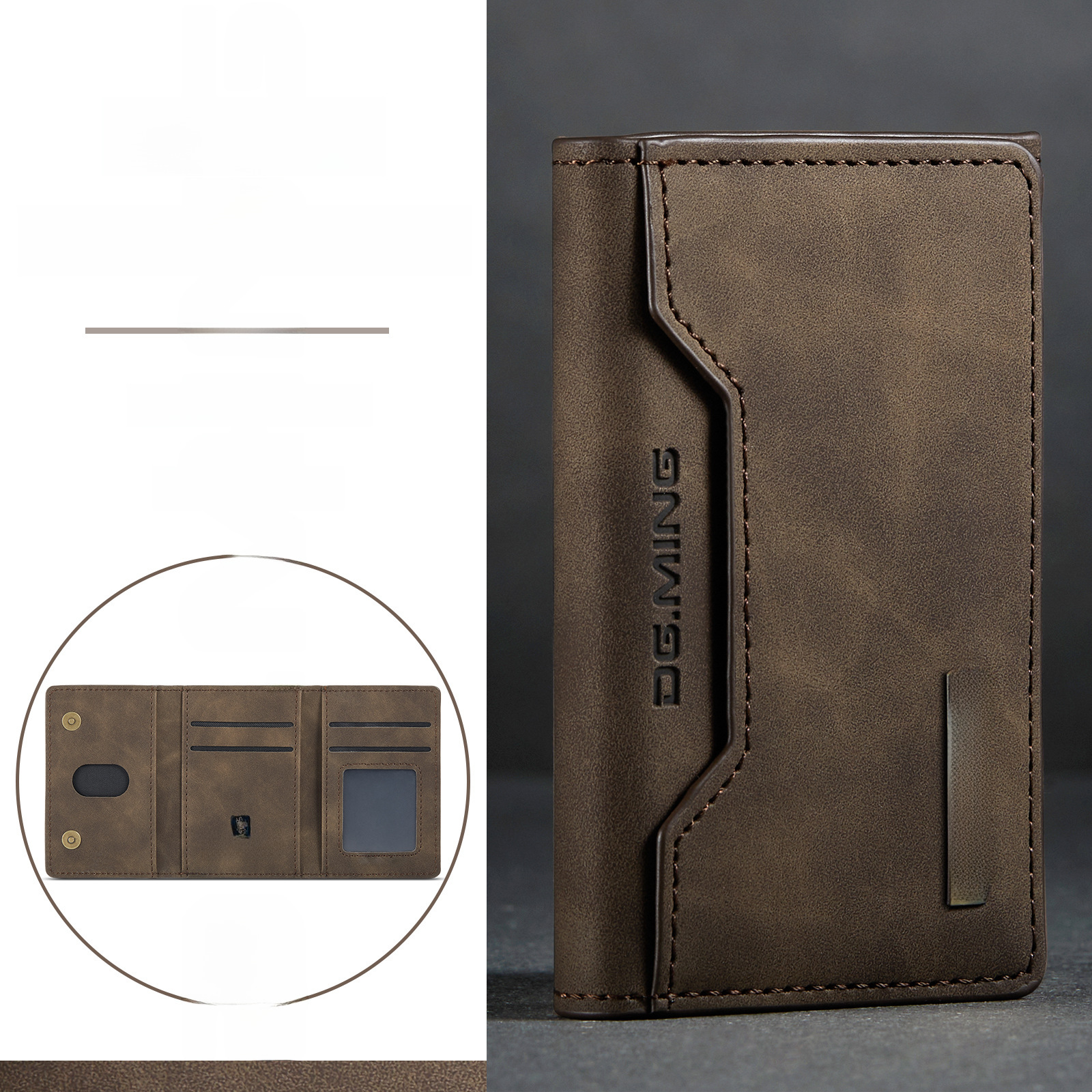 DG.MING Coffee Brown Tri-Fold Card Case, High-End Retro PU Leather Card Case with Multiple Functions, Magnetic Small Card Holder