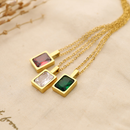 Light luxury and compact French square colored zirconium necklace rock sugar square brick fine titanium steel plated 18K real gold necklace clavicle chain