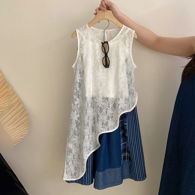 Girls Korean Style Irregular Sleeveless Blouse Solid Color Sling 2025 All-match Stitching Striped Casual Pants Two-piece Fashionable Set