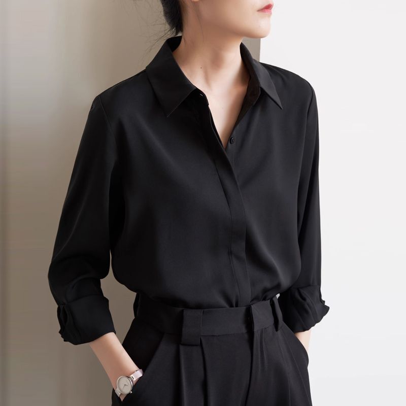 Satin Black Long-Sleeved Shirt for Women, Plus Size, New Spring and Autumn Design, Niche Professional Wear, Right-Shoulder Shirt Top Satin Black Long-Sleeved Shirt for Women, Plus Size, New Spring and Autumn Design, Niche Professional Wear, Right-Shoulder Shirt Top