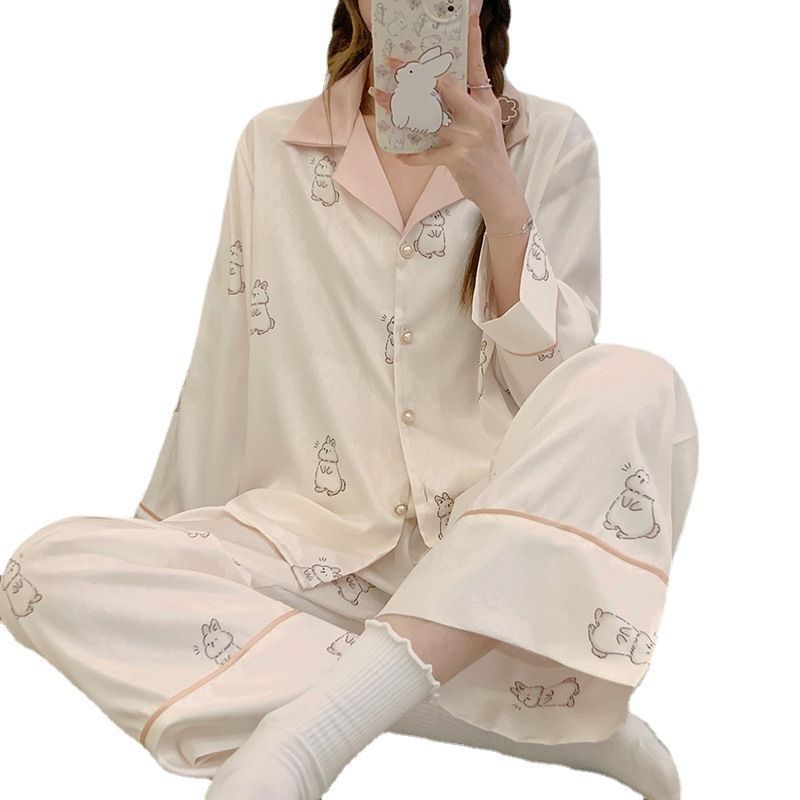 Al por mayor transfronterizo nuevo set de seda delgada de manga larga camiseta camiseta de pijama de mujer dulce dulce ropa de dibujos animados para el hogar